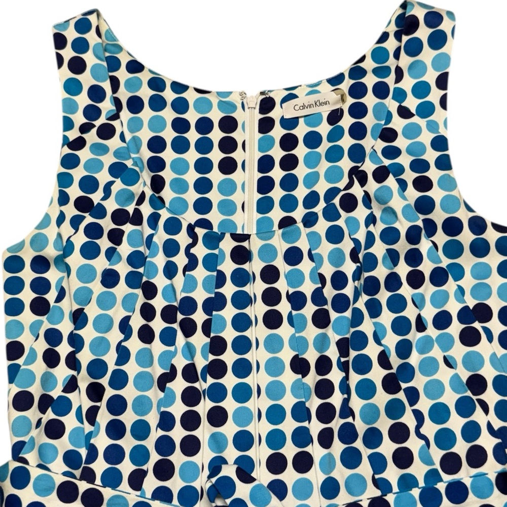 Calvin Klein Retro Blue Polka Dot Fit & Flare Dress Sleeveless Belted Size 6 - Picture 4 of 12